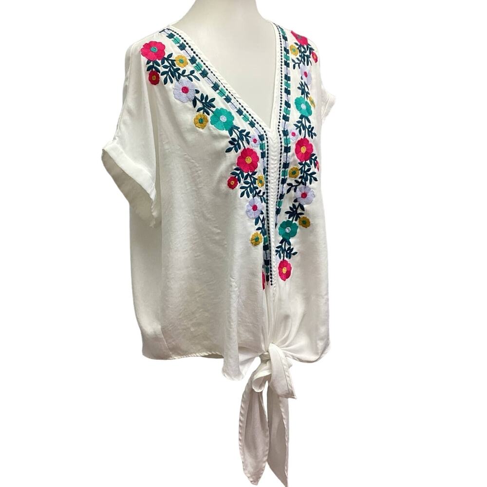 FSL + Apparel Medium Floral Embroidered Deep V-Neck Short Sleeve Polyester Top